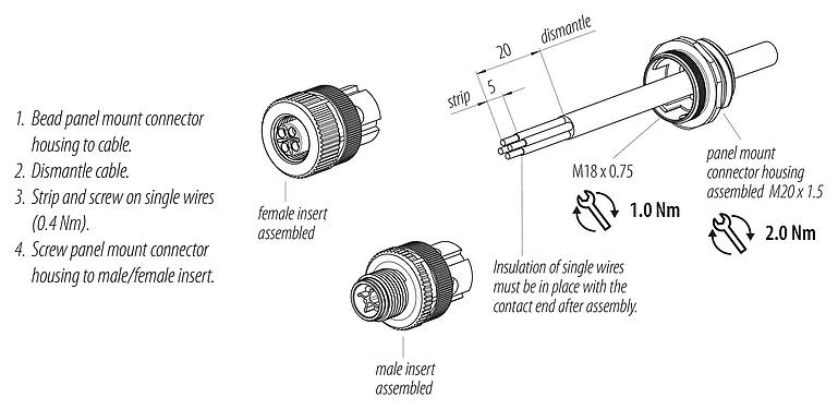Instructions de montage M12 Embase mâle, Contacts: 3+PE, non blindé, pince à visser, IP68, UL 2238, VDE, M20x1,5, Montage frontal, pour l'alimentation électrique