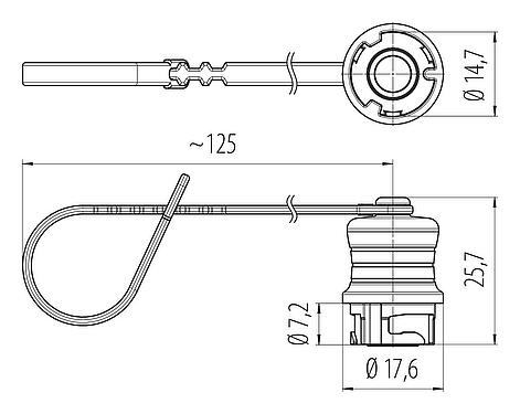 Maßzeichnung Schutzkappe, IP67 gesteckt und verriegelt, mit Halteband