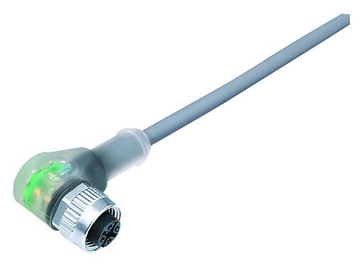 Illustratie M12 Female haakse connector, aantal polen: 4, onafgeschermd, aan de kabel aangegoten, IP68/IP69K, UL 2238, PVC, grijs, 4 x 0,34 mm², met LED PNP, 2 m