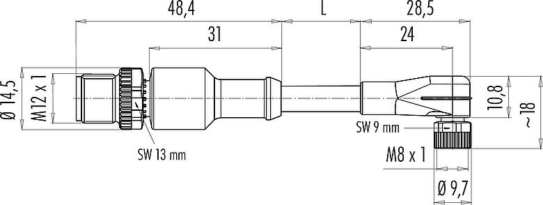Schaaltekening M12/M8 Kabelstekker - female haakse connector, aantal polen: 3, onafgeschermd, aan de kabel aangegoten, IP67/IP69K, PUR, zwart, 3 x 0,25 mm², met LED PNP, 1 m