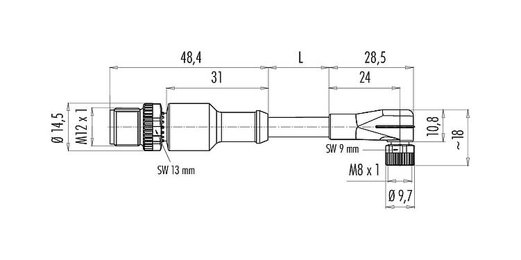 Maßzeichnung M12/M8 Kabelstecker - Winkeldose, Polzahl: 3, ungeschirmt, am Kabel angespritzt, IP67/IP69K, PUR, schwarz, 3 x 0,25 mm², mit LED PNP, 1 m