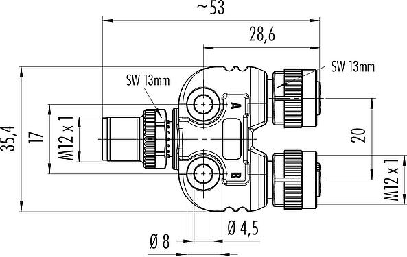 Maßzeichnung M12 Zweifachverteiler, Y-Verteiler, Stecker - 2 Dosen, Polzahl: 4/3, ungeschirmt, steckbar, IP68, UL 2238