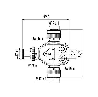Maßzeichnung M12 Zweifachverteiler, T-Verteiler, Stecker - 2 Dosen, Polzahl: 5, ungeschirmt, steckbar, IP68, UL 2238