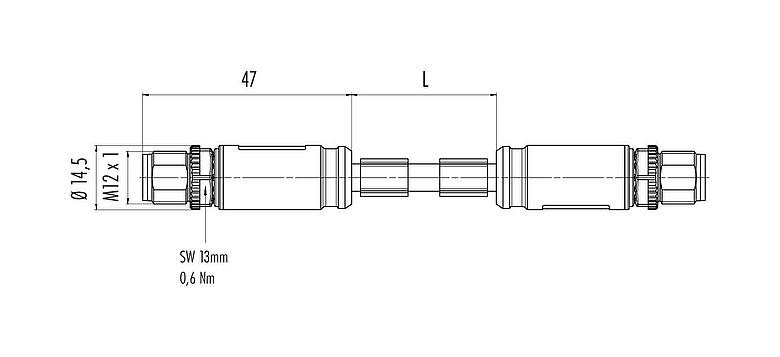 Scale drawing M12 Connecting cable 2 male cable connectors, Contacts: 8, shielded, moulded on the cable, IP67, UL, PUR, green, AWG 26/7, 5 m