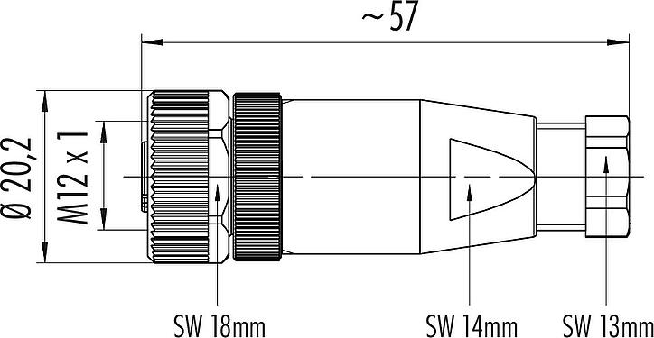 Scale drawing M12 Female cable connector, Contacts: 4, 6.0-8.0 mm, unshielded, crimping (Crimp contacts must be ordered separately), IP67, UL 2238