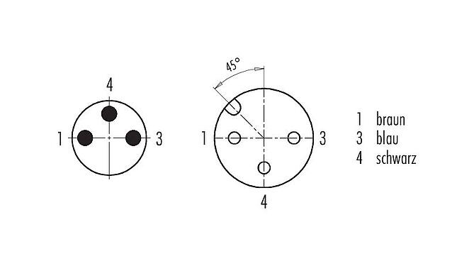Polbild (Steckseite) M12/M8 Kabelstecker - Winkeldose, Polzahl: 3, ungeschirmt, am Kabel angespritzt, IP67/IP69K, UL 2238, PUR, schwarz, 3 x 0,34 mm², 1 m