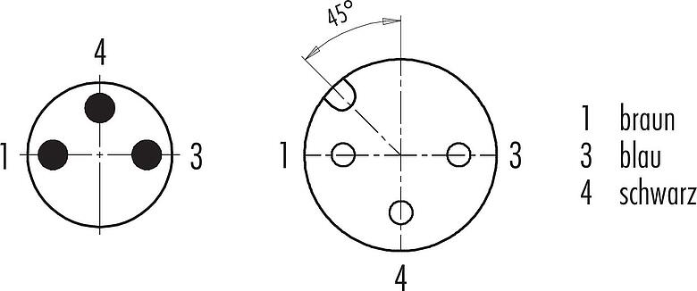 Polbild (Steckseite) M12/M8 Kabeldose - Kabelstecker, Polzahl: 3, ungeschirmt, am Kabel angespritzt, IP67/IP69K, UL 2238, PUR, schwarz, 3 x 0,34 mm², 2 m