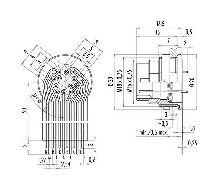 Anschluss & Maße
M16 Flanschstecker, Polzahl: 12 (12-a), ungeschirmt, THT, IP67, M18x0,75, Rückwandmontage