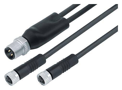 Abbildung M12/M8 Kabelsplitter Kabelstecker - 2 Kabeldosen, Polzahl: 4/3, ungeschirmt, am Kabel angespritzt, IP67, UL 2238, PUR, schwarz, 3 x 0,34 mm², 1 m