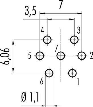Conductor layout M16 Female panel mount connector, Contacts: 7 (07-a), unshielded, THT, IP40, M18x0,75, Rear mounting