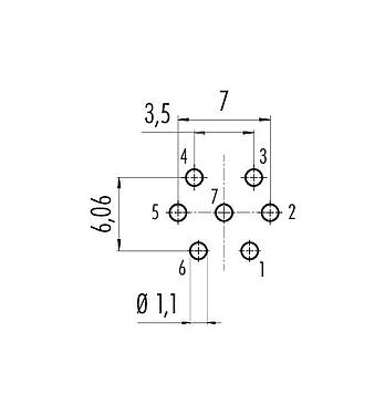 Conductor layout 09 0128 99 07 - M16 Female panel mount connector, Contacts: 7 (07-a), unshielded, THT, IP67, UL, front fastened