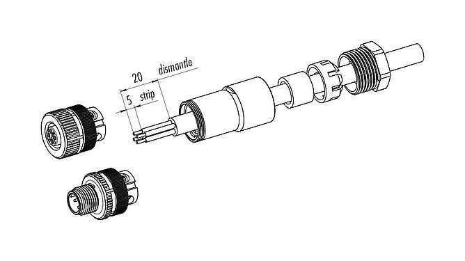 組裝說明 M12 直頭孔頭電纜連接器, : 5, 6.0-8.0mm, 非遮罩, 螺釘接線, IP67, UL 2238, VDE, 用於供電