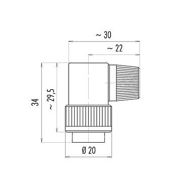 Scale drawing Bayonet Male angled connector, Contacts: 4, 6.0-8.0 mm, unshielded, solder, IP40