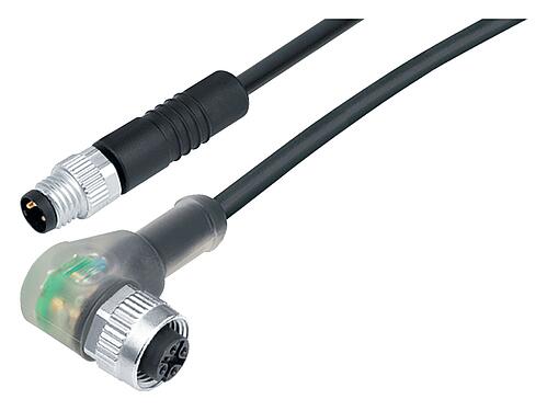 Abbildung M12/M8 Kabelstecker - Winkeldose, Polzahl: 3, ungeschirmt, am Kabel angespritzt, IP67/IP69K, PUR, schwarz, 3 x 0,25 mm², mit LED PNP, 1 m