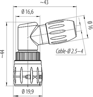 Desenho da escala Baioneta Plugue angular, Contatos: 8, 2,5-4,0 mm, desprotegido, solda, IP67