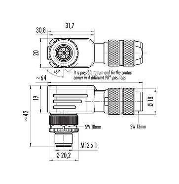 Disegno in scala M12 Connettore angolare maschio, Numero poli: 4, 5,0-8,0 mm, schermabile, crimpare (I contatti a crimpare devono essere ordinati separatamente), IP67, UL 2238