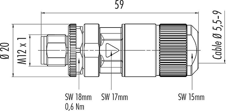 Dessin coté M12 Connecteur mâle, Contacts: 8, 5,5-9,0 mm, blindable, IDC, IP67
