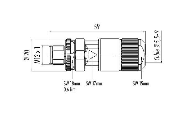 Výkres v měřítku M12 Zástrčka kabelu, : 8, 5,5-9,0 mm, stínitelné, IDC, IP67