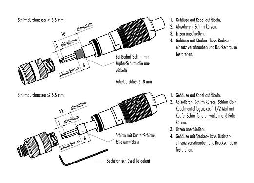 Montageanleitung M8 Kabelstecker, Polzahl: 4, 5,0-8,0 mm, schirmbar, schraubklemm, IP67, Irisfeder