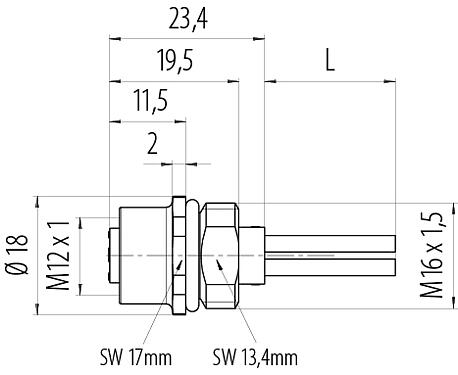 Dibujo a escala M12 Toma de brida, Número de contactos: 4, sin blindaje, hilos, IP68, UL 2238, M16x1,5, Montaje frontal, moldeado