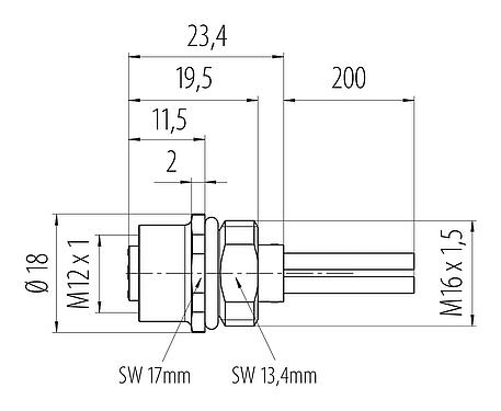 Bản vẽ tỷ lệ M12 Ổ cắm gắn bảng, Số lượng cực : 4, không có chống nhiễu, dây đơn, IP68, UL 2238, M16x1,5, Gắn phía trước