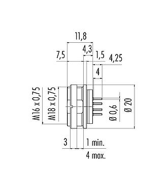 Scale drawing M16 Female panel mount connector, Contacts: 16, unshielded, THT, IP67, UL 2238, M18x0,75, Rear mounting