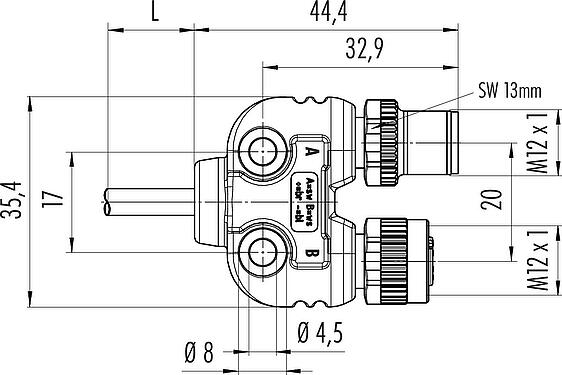 Maßzeichnung M12 Zweifachverteiler, Y-Verteiler, Polzahl: 4, ungeschirmt, am Kabel angespritzt, IP68, UL 2238, PUR, schwarz, 4 x 0,25 mm², 1 m