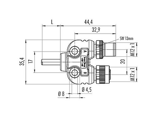 Maßzeichnung M12 Zweifachverteiler, Y-Verteiler, Polzahl: 4, ungeschirmt, am Kabel angespritzt, IP68, UL 2238, PUR, schwarz, 4 x 0,25 mm², 2 m