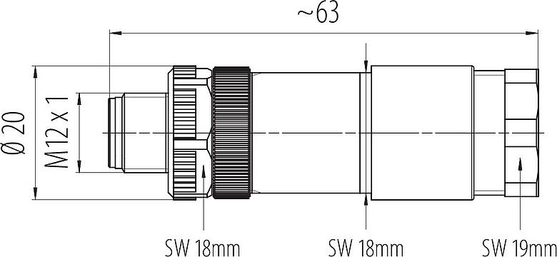 Scale drawing M12 Male cable duo connector, Contacts: 4, 2.1-3.0 mm (2 cable) or 4-5 mm (2 cable), unshielded, screw clamp, IP67, UL 2238