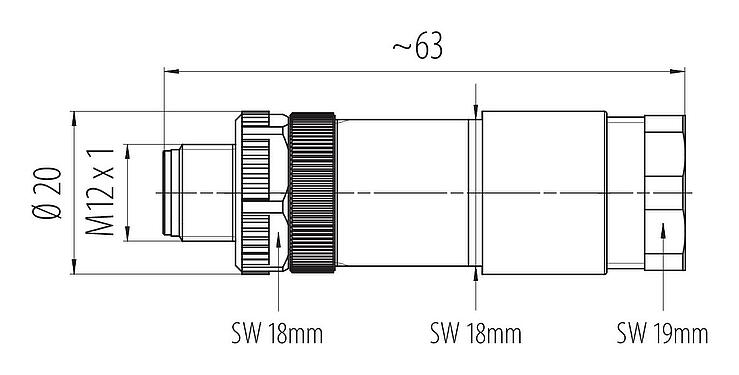 Maßzeichnung M12 Duo-Kabelstecker, Polzahl: 5, 2.1-3.0 mm (2 Kabel) oder 4-5 mm (2 Kabel), ungeschirmt, schraubklemm, IP67, UL 2238