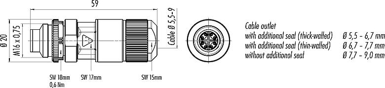 縮尺図 M16 オスコネクタケーブル, 極数: 8, 5.5-9.0mm, シールド可能, IDC, IP67