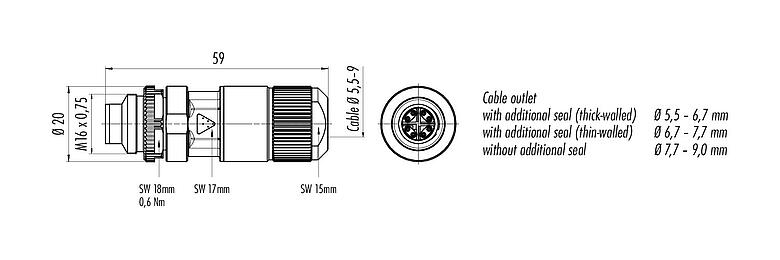 스케일 드로잉 99 4171 00 08 - M16 케이블 커넥터, 콘택트 렌즈: 8, 5.5-9.0mm, 차폐 가능, IDC, IP67