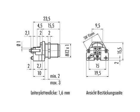 Maßzeichnung M12 Flanschstecker, Polzahl: 5, ungeschirmt, THR, IP67, UL 2238, M12x1,0, Rückwandmontage