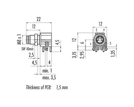 Scale drawing M8 Male angled panel mount connector, Contacts: 4, unshielded, THR, IP67, UL 2238, Rear mounting