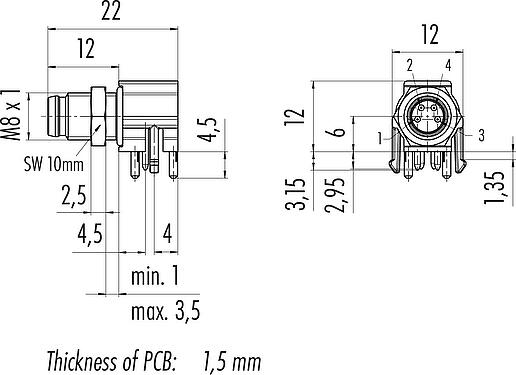 Scale drawing M8 Male angled panel mount connector, Contacts: 4, unshielded, THR, IP67, UL 2238, Rear mounting