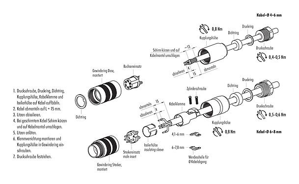 Montageanleitung M16 Kabelstecker, Polzahl: 2 (02-a), 6,0-8,0 mm, schirmbar, löten, IP67, UL 2238