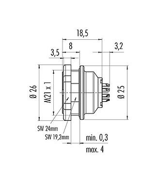 Maßzeichnung Push Pull Flanschstecker, Polzahl: 12, ungeschirmt, löten, IP67, M21x1,0, Rückwandmontage