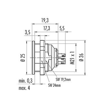 Maßzeichnung Push Pull Flanschdose, Polzahl: 3, schirmbar, löten, IP67, M21x1,0, Frontmontage