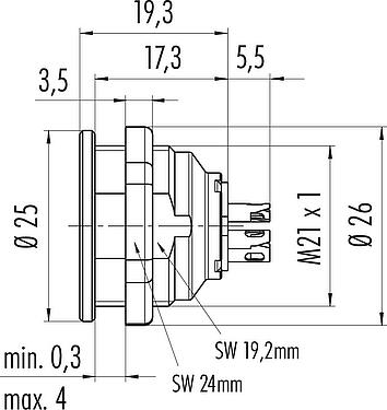 Dessin coté Push Pull Embase femelle, Contacts: 6, non blindé, souder, IP67, M21x1,0, Montage frontal
