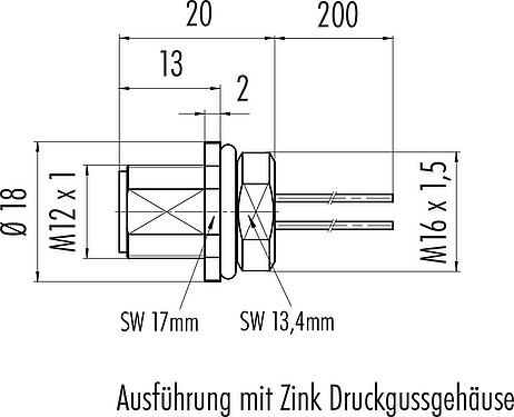 Maßzeichnung M12 Flanschstecker, Polzahl: 8, ungeschirmt, Litzen, IP68, UL 2238, M16x1,5, Frontmontage