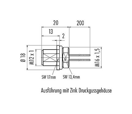 Maßzeichnung M12 Flanschstecker, Polzahl: 8, ungeschirmt, Litzen, IP68, UL 2238, M16x1,5, Frontmontage