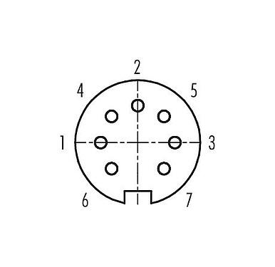 Polbild (Steckseite) Bajonett Flanschdose, Polzahl: 7, ungeschirmt, löten, IP40, M18x0,75, Frontmontage, DIN