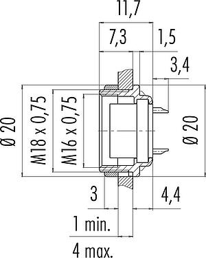 Scale drawing M16 Female panel mount connector, Contacts: 12 (12-a), unshielded, solder, IP40, M18x0,75, Rear mounting