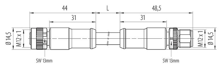 Dessin coté M12 Câble de raccordement connecteur mâle - connecteur femelle, Contacts: 4, non blindé, surmoulé sur le câble, IP68, UL 2238, PUR, noir, 4 x 1,50 mm², 5 m