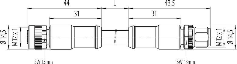 Dessin coté M12 Câble de raccordement connecteur mâle - connecteur femelle, Contacts: 4, non blindé, surmoulé sur le câble, IP68, UL 2238, PUR, noir, 4 x 1,50 mm², 5 m