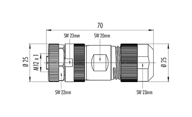 Desenho da escala 99 0640 29 05 - M12 Tomada de cabo, Contatos: 4+FE, 8,0-13,0 mm, desprotegido, pinça de parafuso, IP67, UL, M12x1,0