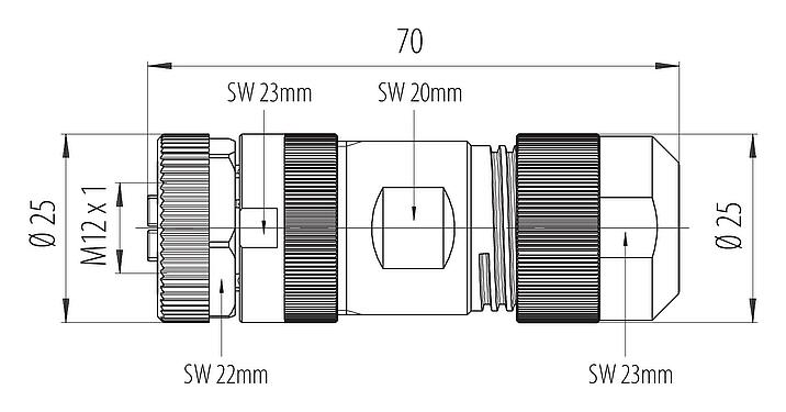 Dessin coté M12 Connecteur femelle, Contacts: 4+FE, 8,0-13,0 mm, non blindé, pince à visser, IP67, UL 2238, M12x1,0