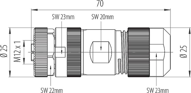 Mittakaavapiirustus M12 Kaapelirasia, Napojen määrä: 4+FE, 8,0-13,0 mm, suojaamaton, ruuviliitin, IP67, UL 2238, M12x1,0