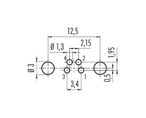 Conductor layout M8 Female panel mount connector, Contacts: 4, shieldable, THT, IP67, UL 2238, M10x0.75, Rear mounting