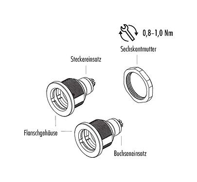 Einzelteildarstellung Push Pull Flanschstecker, Polzahl: 3, ungeschirmt, löten, IP40, M14x0,5, Frontmontage